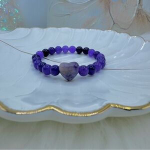 Amethyst One Heart Centered Beaded Bracelet for large wrists